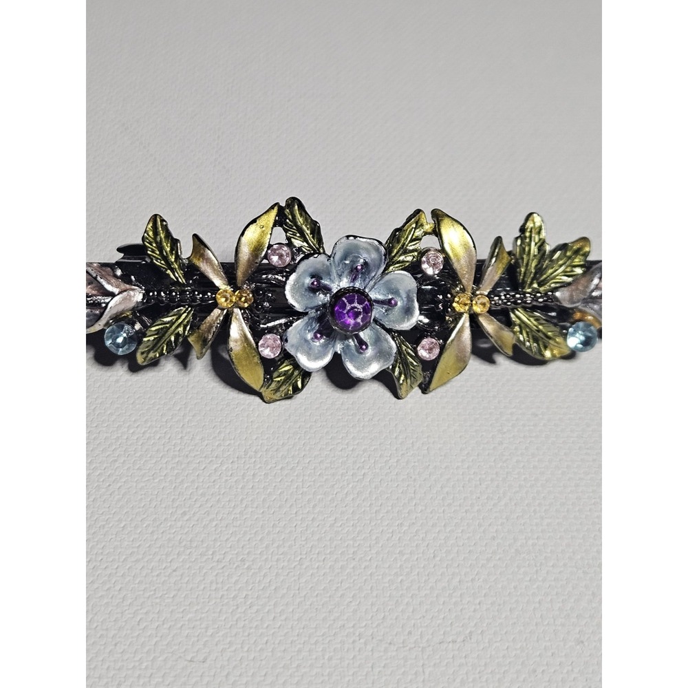 Vintage Style Floral Barrette Purple Rhinestone Crystal Enamel Flower‎ Leaf Clip